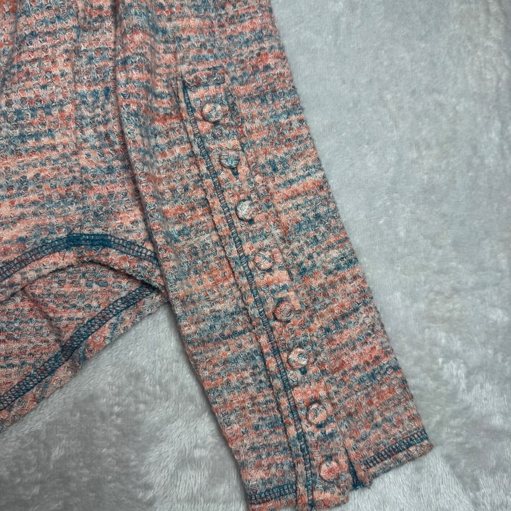 Free People Women Large Cowl Neck Thermal Waffle Knit Button Cuff Top Coral Teal - Picture 6 of 11
